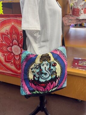 Colorful Ganesha Canvas Crossbody Bag - Turquoise Pink